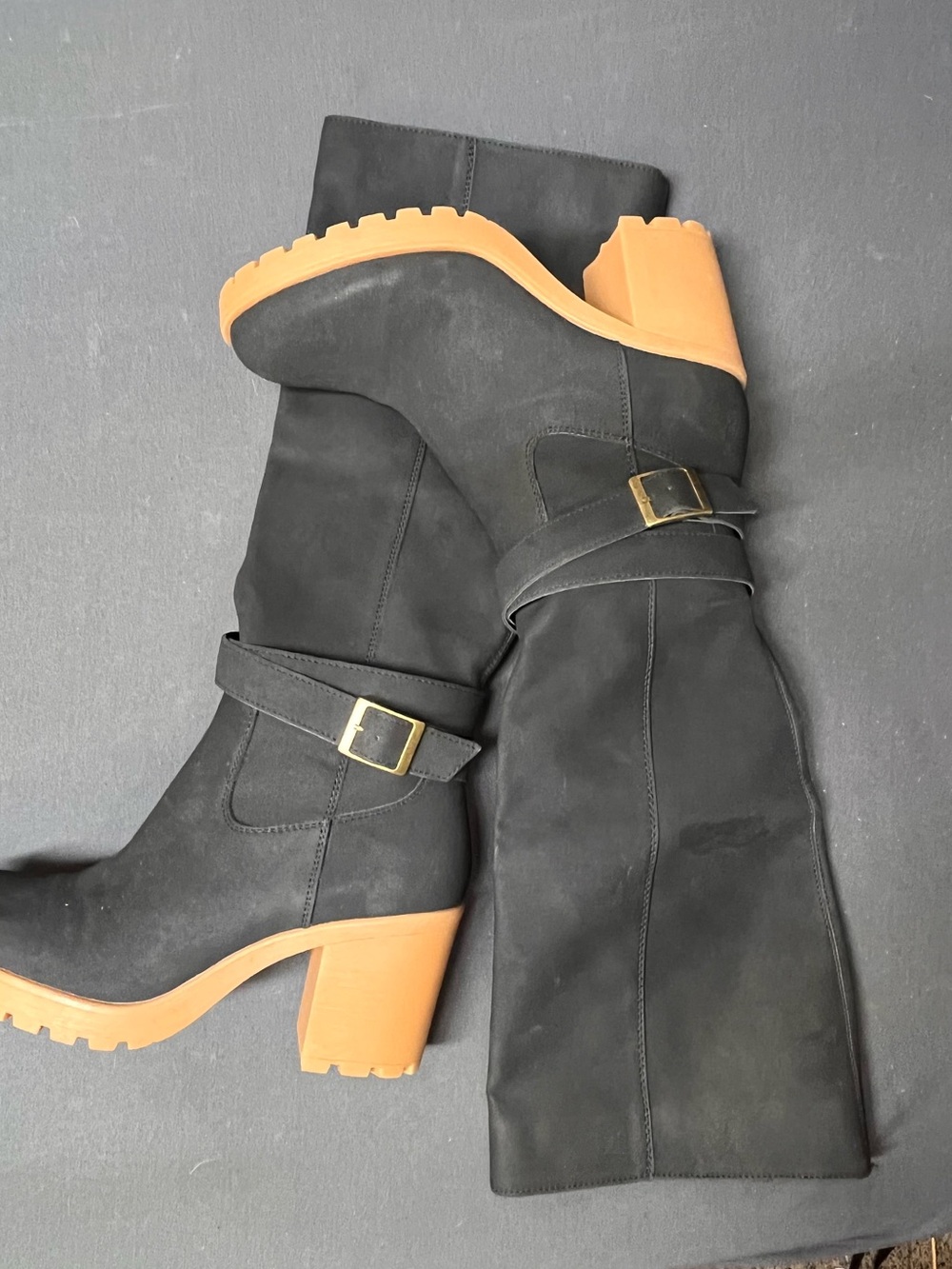 Windsor Smith Black Suede-Look Mid-Calf Boots with Tan Lug Heel